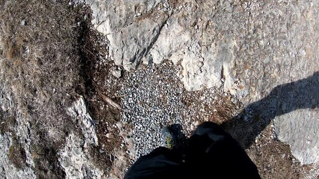 legs and foot of a man hicking a rock surface. shot from chest oriented toward legs.
Location : D&eacute;voluy, Hautes Alpes, France, Alps
February 2022