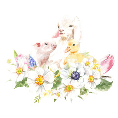 Watercolor farm animals together. domestic pet isolated cute spring flora animal. Nursery woodland illustration. Farmhouse Easter for baby shower invitation, nursery decor, print, greeting card