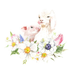 Watercolor farm animals together. domestic pet isolated cute spring flora animal. Nursery woodland illustration. Farmhouse Easter for baby shower invitation, nursery decor, print, greeting card