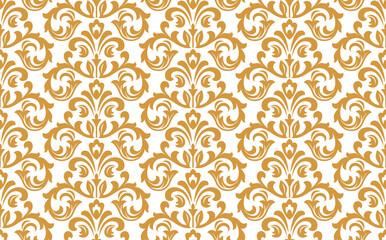 Wallpaper in the style of Baroque. Seamless vector background. White and gold floral ornament. Graphic pattern for fabric, wallpaper, packaging. Ornate Damask flower ornament