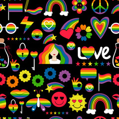 Seamless pattern LGBT. LGBTQ community, lesbian girl, pride flags, rainbow, love elements, LGBT Pride Month symbols, heart, emoji icons and groovy celebration on black background. Vector illustration