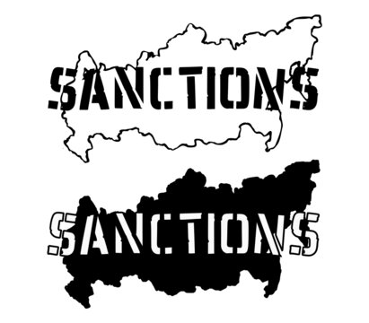 Sanctions against Russia. Map of Russia and restrictions imposed on it. The hand is holding a tablet. Vector image