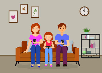 Parents and children play on the phone and sit on the sofa, they do not talk to each other, family and relationship Problems.