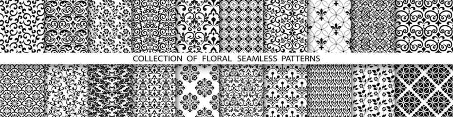 Geometric floral set of seamless patterns. White and black vector backgrounds. Simple illustrations.