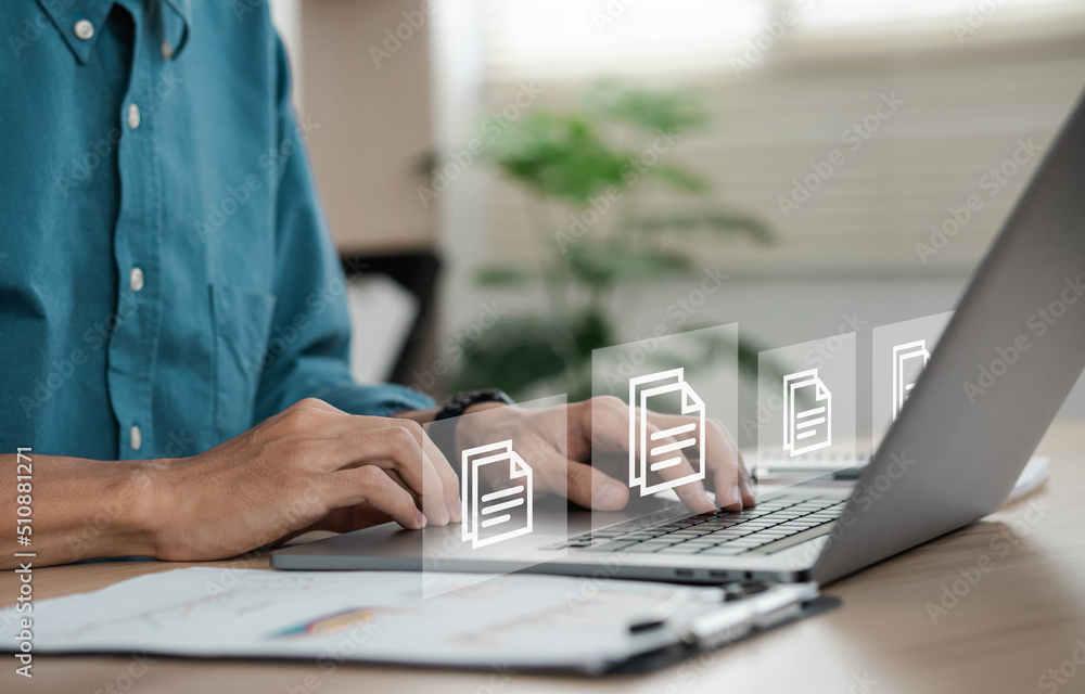 Poster businessman sitting on a computer monitor document management concept with icons on virtual erp scre