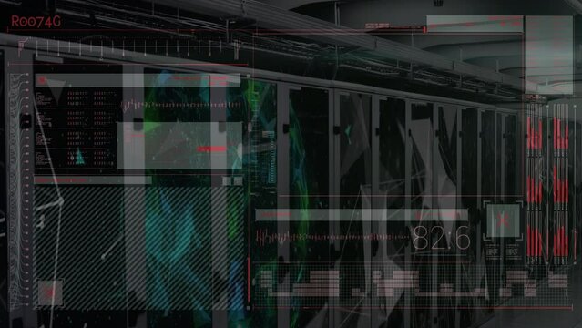 Animation of digital screen with data and shapes over servers