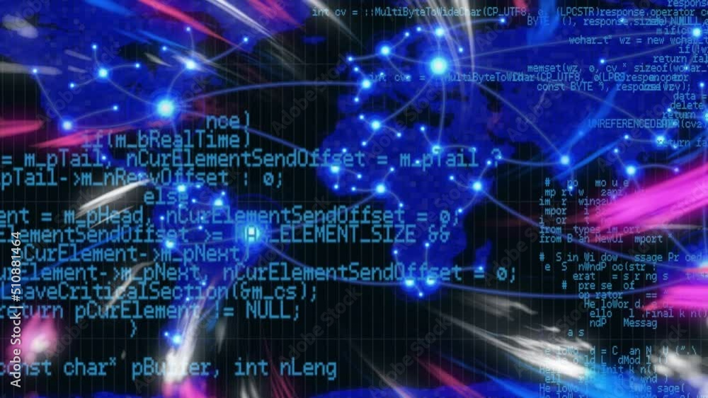 Poster animation of blue and pink lights moving fast over data processing and world map