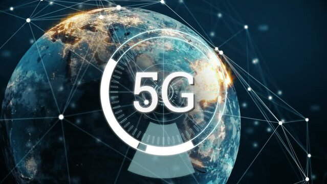 Animation of connections and 5g over rotating globe