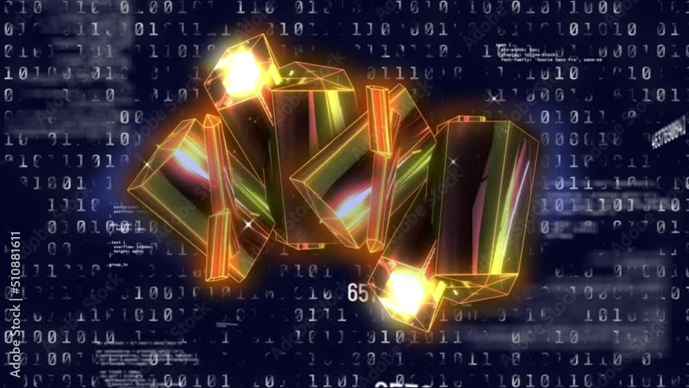 Poster animation of glowing yellow blocks rotating over binary code on navy background