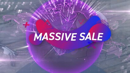 Animation of massive sale over purple globe and desk - Powered by Adobe