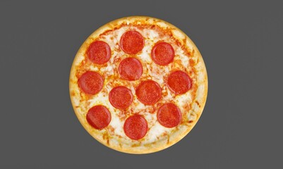 Tasty italian classic original pepperoni pizza. Perspective view. Isolated on grey. 3d rendering.
