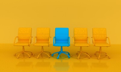 Blue chair standing out from the crowd. Business concept. We are hiring minimal background, job vacancy concept, 3D rendering. 
