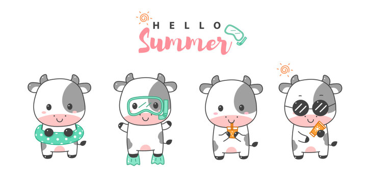 cute cow kawaii cartoon summer set.