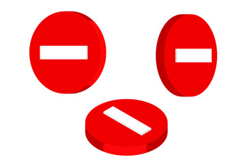 3D no entry traffic sign vector set, isolated on white background, traffic rules concept, circle shape traffic sign with warning line collection from different angles, driver signboards, no entry sign