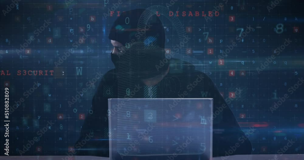 Aufkleber animation of data processing over caucasian male hacker