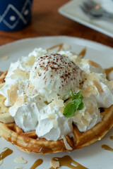 Ice cream on waffles and whipped cream around...
