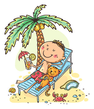 Cartoon drawing child sunbathing at the beach under a palm tree