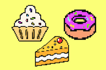 Pie Cupcake and donut pixel style illustration vector set, 8-bit concept, colorful dessert idea, pixel art cakes, isolated on yellow background, flat vector design, animation and video game asset