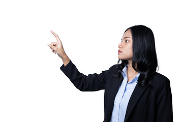 Asian businesswoman wearing a suit, thumbs up