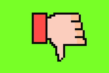 Thumbs down hand sign pixel style illustration vector, 8-bit concept, colorful negative sign idea, pixel art hand, isolated on green background, flat vector design, animation and video game asset
