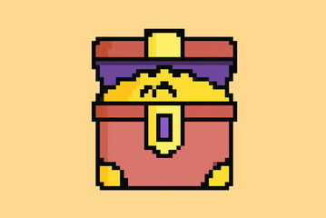 Treasure chest pixel style illustration vector, 8-bit concept, colorful prize idea, pixel art treasure chest, isolated on orange background, flat vector design, animation and video game asset