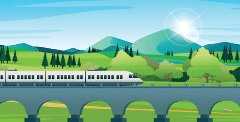 The train is moving on a track with mountains and nature in the background.
