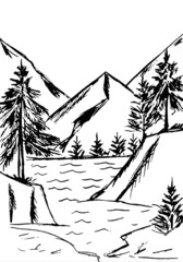 landscape with mountains and Christmas trees in black on a white background