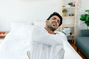 modern, happy, person, young, pain, back, indoor, massaging, one person, spine, touching, desk,...