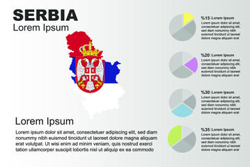 Serbia infographic general use vector template with pie chart, copy space statistics idea, Serbia country flag map with graphic, presentation idea, blank area graph for data, grey background
