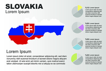 Slovakia infographic general use vector template with pie chart, copy space statistics idea, Slovakia country flag map with graphic, presentation idea, blank area graph for data, grey background