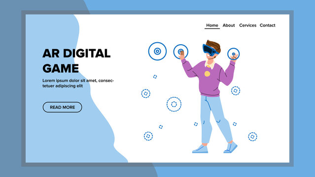 Ar Digital Game Playing Young Man Gamer Vector. Boy Player Play Ar Digital Game With Virtual Reality Glasses, Electronic Device For Enjoying Simulation. Character Web Flat Cartoon Illustration