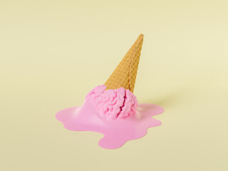 Pink melted gelato in waffle cone fallen on beige surface