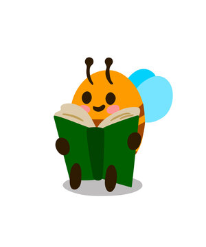 Cute bee reading book. Vector illustration. Cartoon bee on white background. Design element