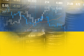 Stock market investment trading financial, coin and Ukraine flag or Forex for analyze profit finance business trend data background.