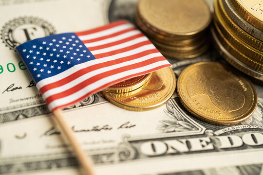 Stack of coins money with USA America flag, finance banking concept.