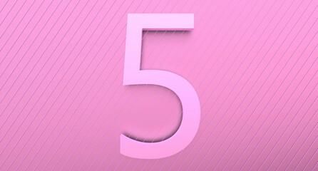 Number 5 on a pink background with reflection and neon stripes. Abstract number FIVE in pinkish color with reflection. 3D render.