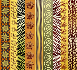 A vector illustration of African fabric in earthtones. Ribbons of ethnic style tribal designs.