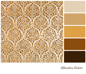 Alhambra wall detail in a colour palette with complimentary colour swatches.