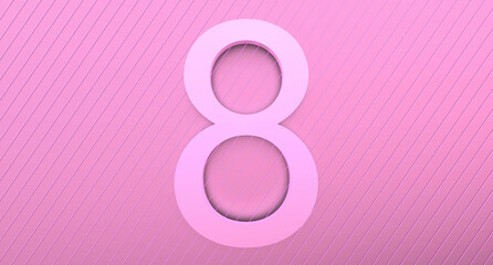 Number 8 on a pink background with reflection and neon stripes. Abstract number EIGHT in pinkish color with reflection. 3D render.