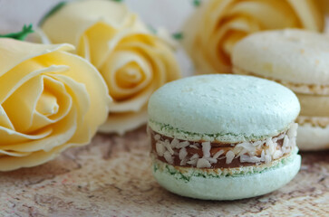 Multi-colored macaroons. Macarons are a popular dessert