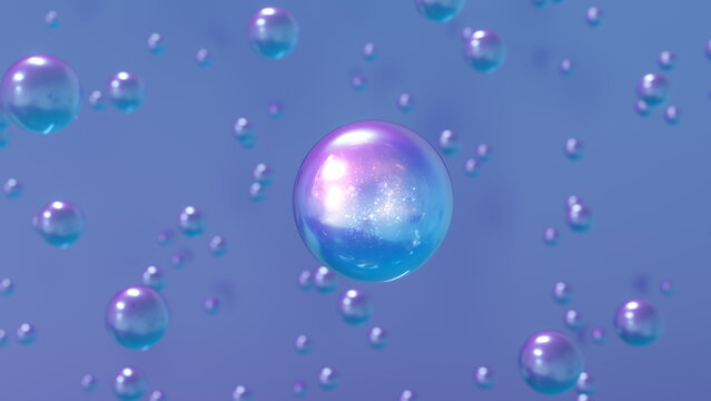 Colorful bubbles in 3D abstract rendering. Foam bubbles, transparent balls, and holographic floating liquid blobs Cosmetics illustration with a 3D bubble form.