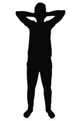 Stretching man vector silhouette, isolated on white background, person with headache, fill with black color, shadow idea, warm up moves concept