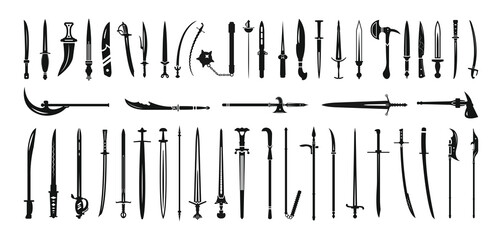 Collection of edged weapons in black and white style. Monochrome icons of knives and blades.