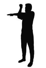 Man stretching his arms vector silhouette, person doing workout, isolated on white background, fill with black color, shadow idea, fitness and sport concept