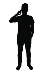 Man making phone call vector silhouette, person with cellphone, isolated on white background, fill with black color, shadow idea, communication concept