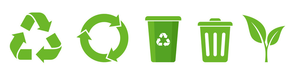 set of recycle icons. ecology green icons for packaging. trash and leaf symbol. vector illustration - obrazy, fototapety, plakaty