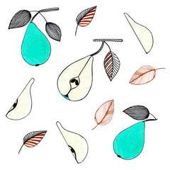 graphic illustration set of green pears whole and slices with gold and black leaves on a white background
