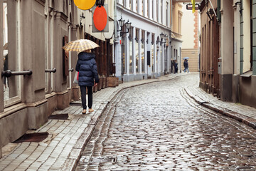 A woman in a jacket with an umbrella walks down the street during heavy rain.