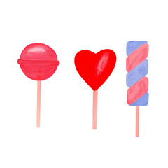 watercolor illustration set of colorful lollipops hand drawn on a white background
