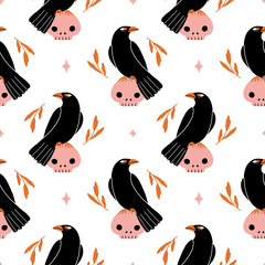 Magic raven, skull and leaves seamless pattern. Doodle boho abstract texture for textile, paper, halloween decoration. Witch symbols. Hand drawn witchcraft esoteric concept. Flat vector